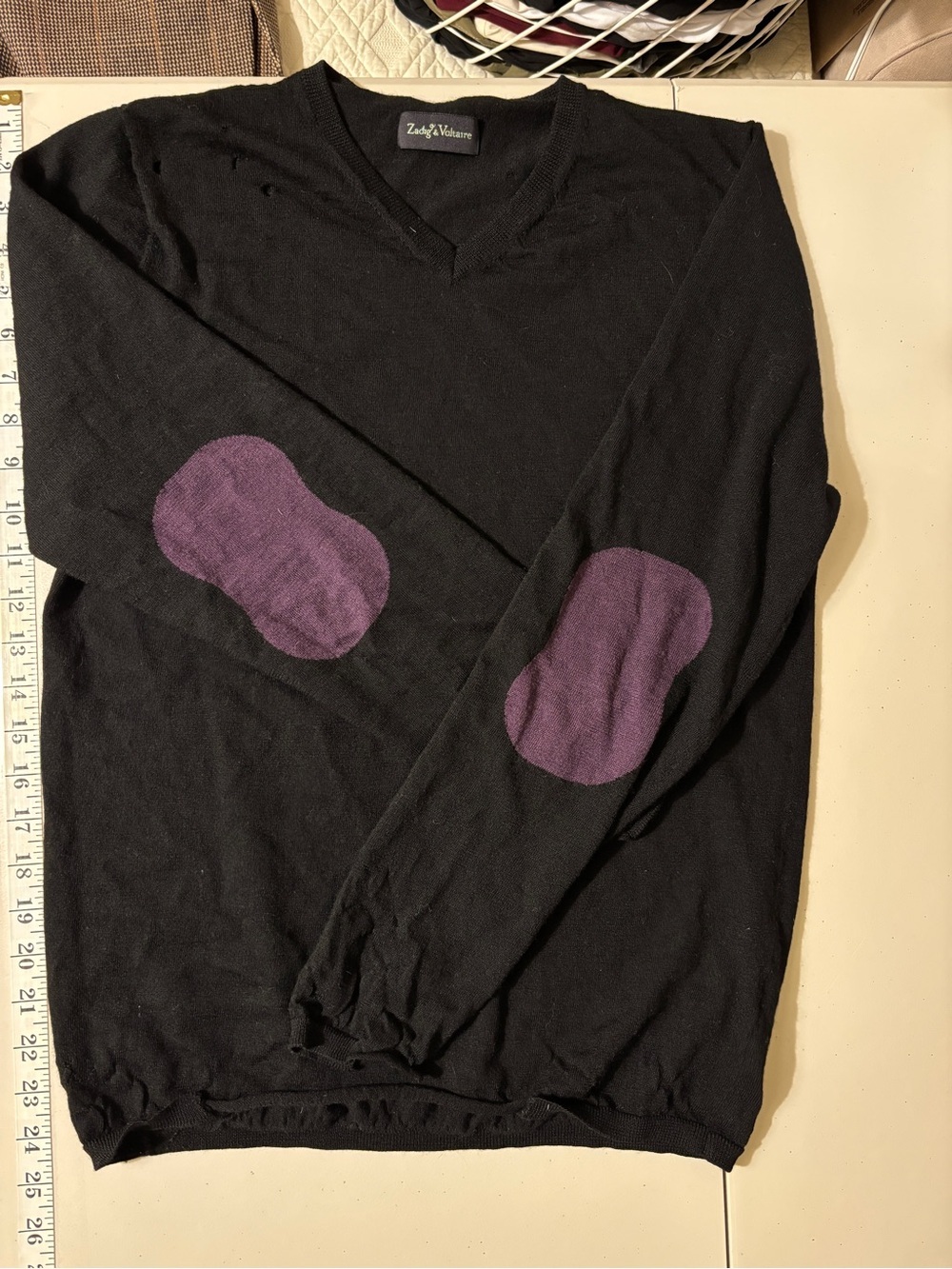 Zadig & Voltaire Black Sweater Size Medium Purple Elbow Patches Rare Flawed